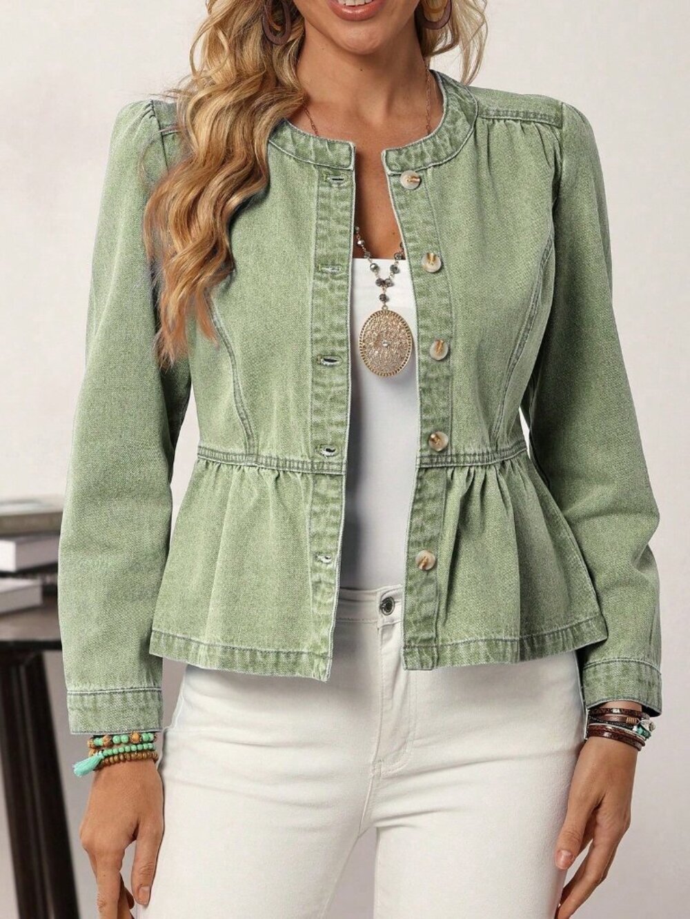Army Green Casual Women's Long Sleeve Single-Breasted Ruffle Hem Denim Jacket - Picture 3 of 5